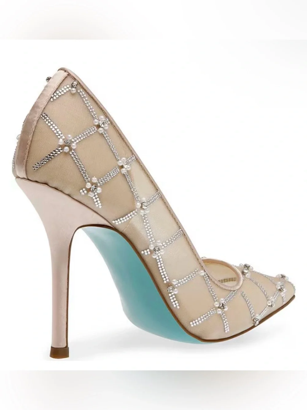 Betsey Johnson Cruze Rhinestone Pearl Mesh Pumps Nude Heels Size 6.5 W/Box